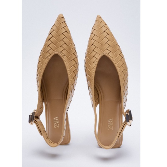 NWT Zara Tan Pointed Toe Woven Buckle Ankle Strap Slingback Flats - Picture 4 of 11